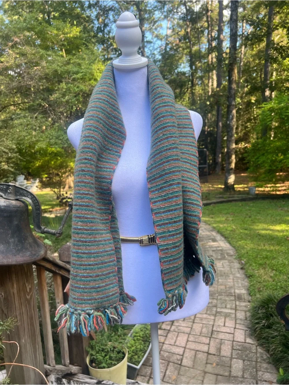 Vintage 100% Lambswool Striped Scarf Multicolor Fringe Made Hong Kong